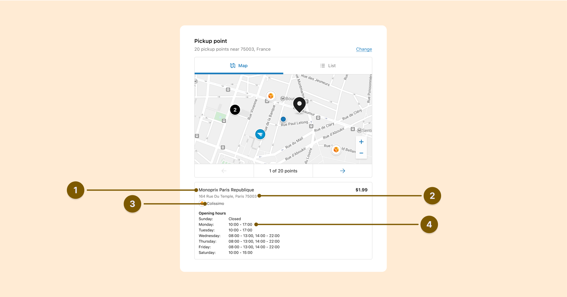 Different content lines in the map view of pickup points in checkout for a customer