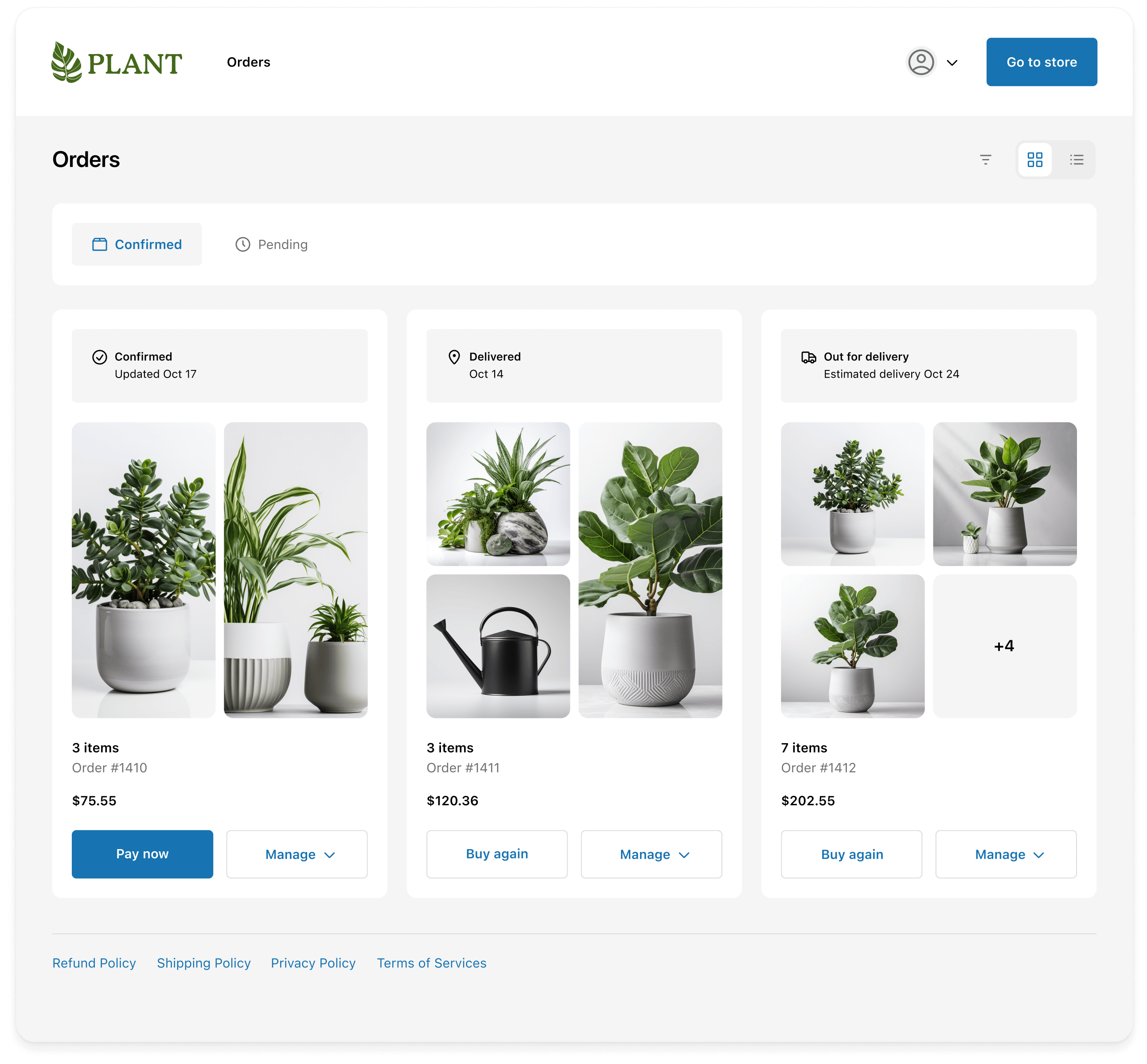 The Order index page showing three orders that contain various plants. One order is in the the Confirmed status, one in the Delivered status, and one is in the Out for delivery status.