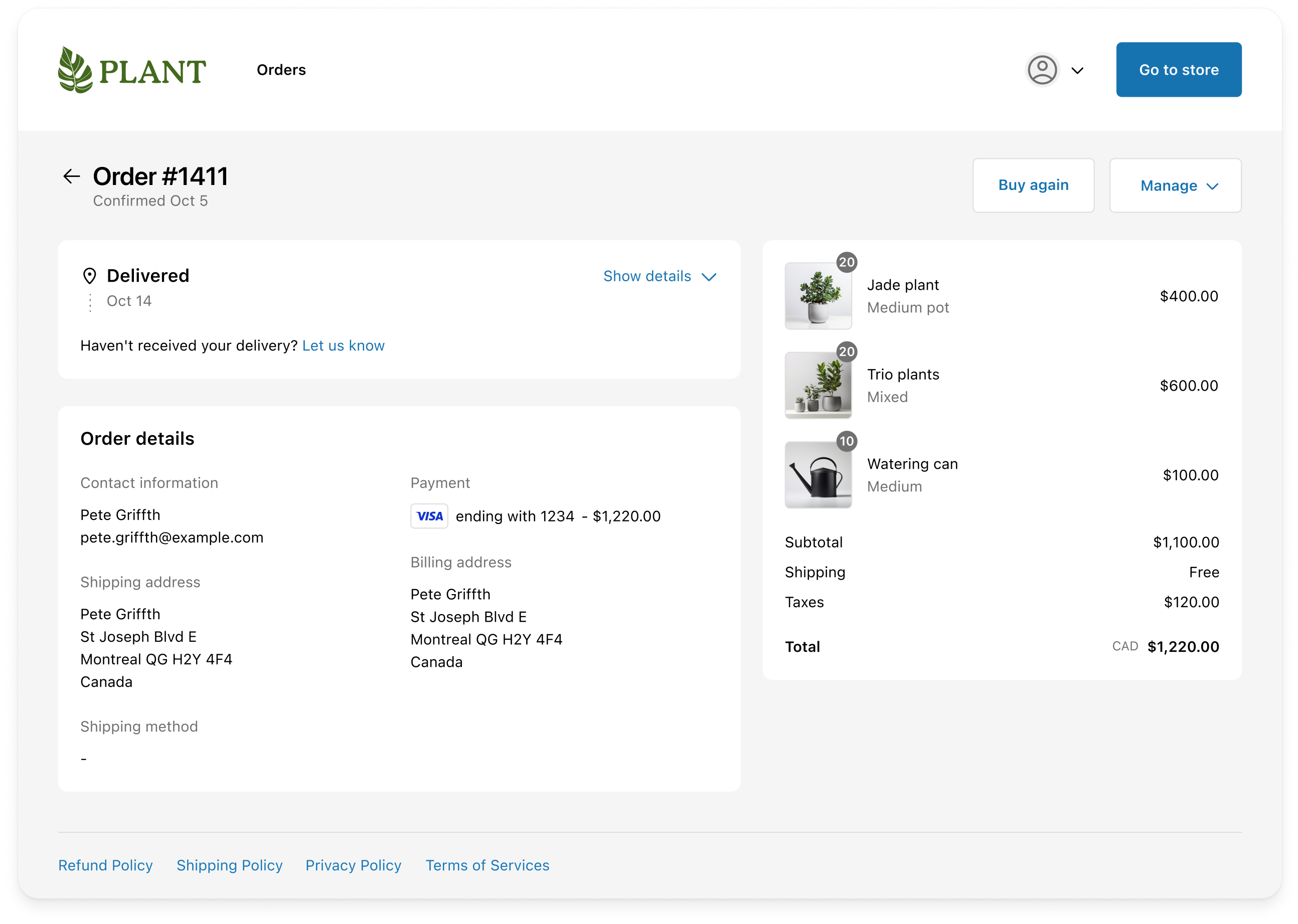 The Order Status page showing the plants that are included in the order, the total cost of $1,220, the Delivered status, and order details such as customer contact information, shipping and billing address, and payment information.