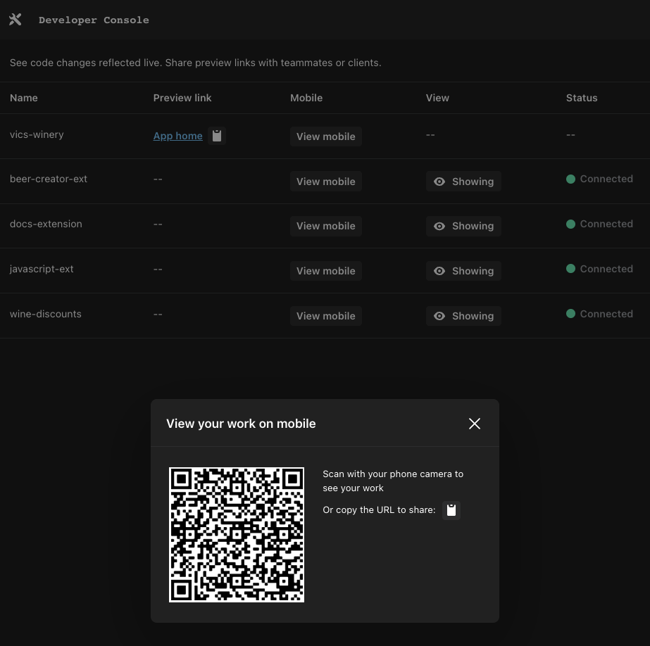 The developer console showing a POS UI extension
