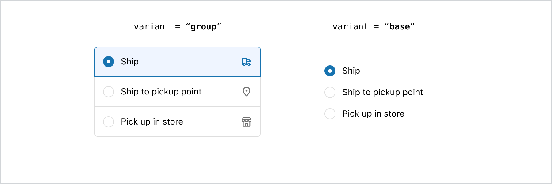 A screenshot of two examples for base and group variants