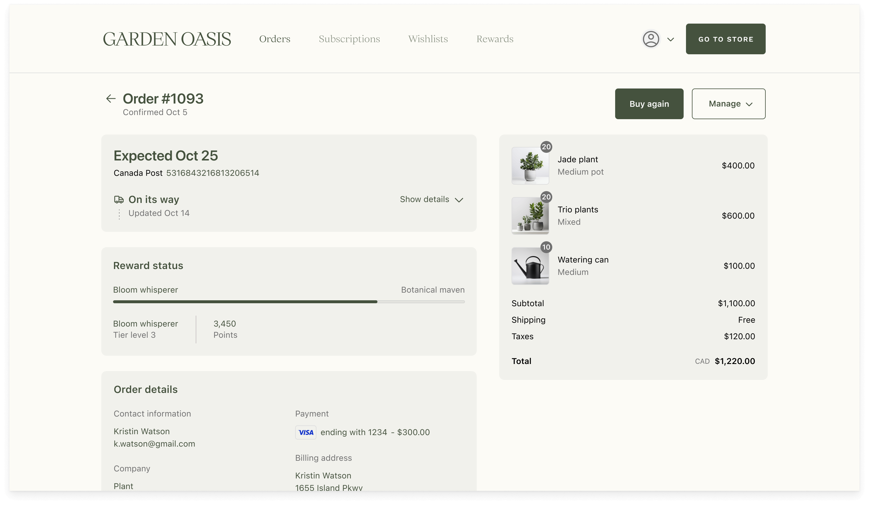 A progress bar in customer accounts, showing that the customer is on their way to reaching the Botanical maven rewards tier.