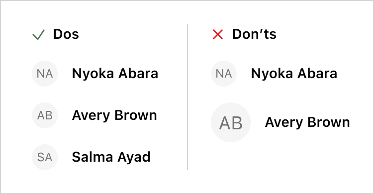 An example showing dos and don'ts of the Avatar component