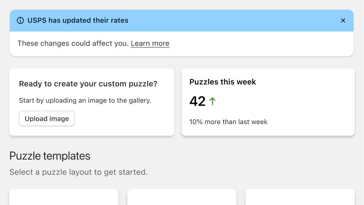 An app home page with a dismissible informational banner in blue about USPS rate changes, and another app home page with a section titled "This week's puzzle performance", with two graphs.