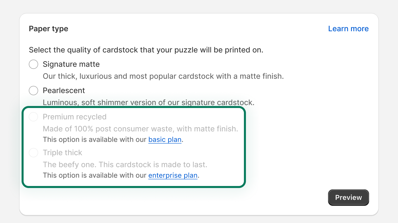 Greyed out paid-tier features with a link to upgrade to a paid or premium plan. The page includes a button that's labeled "Preview".