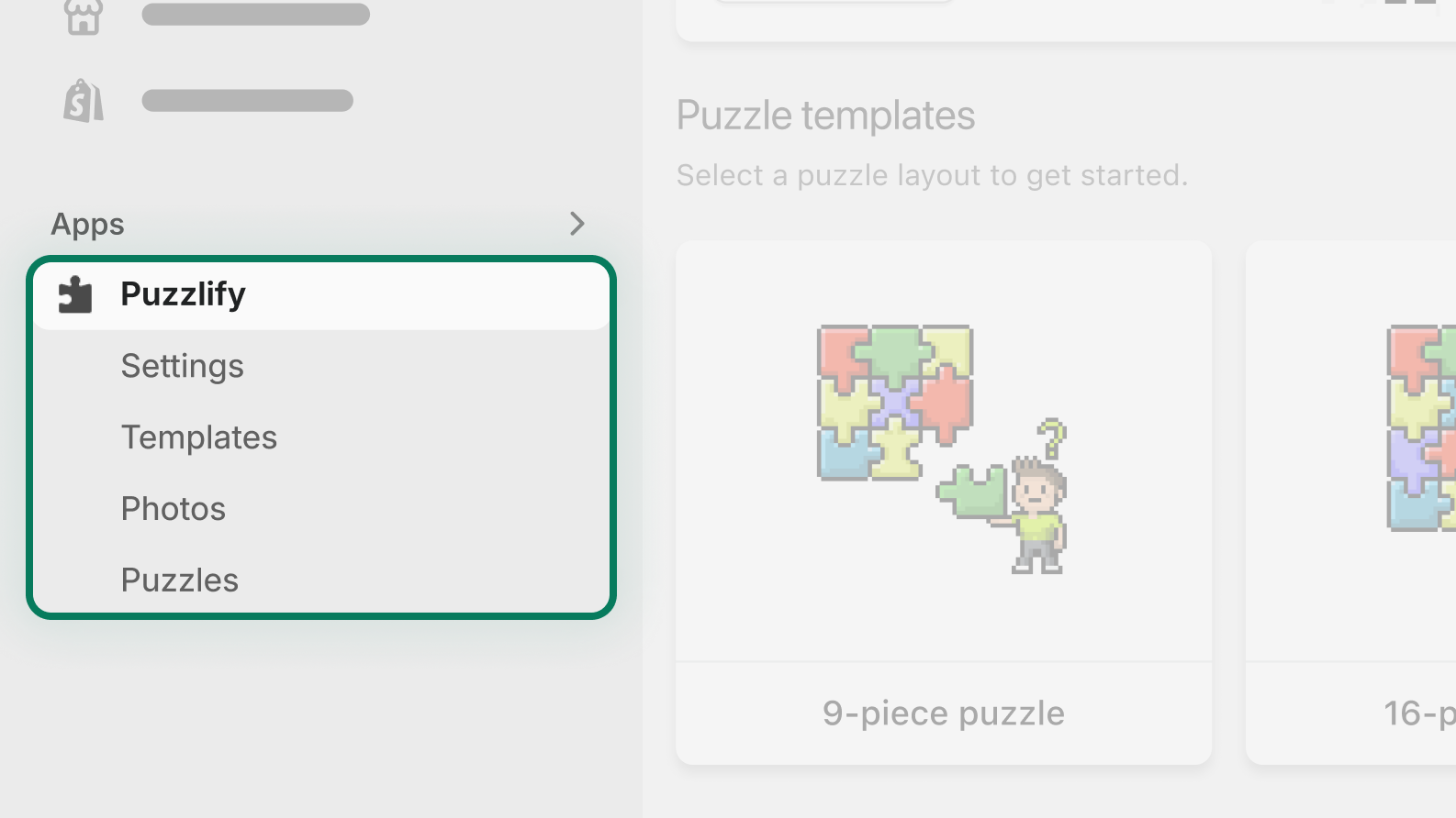 An app nav with concisely-labeled items like "Templates", "Photos", "Puzzles", and "Examples".