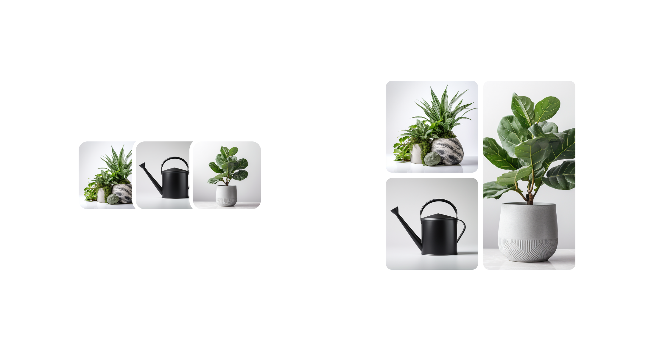 An example of the ImageGroup component shows 3 circular images of plants displayed in a row, each one slightly overlapping the previous imageāin a horizontal stacked pattern. To the right, there is another group of 3 images of plants, arranged in a 2x2 grid. There is one square image in the upper-left quadrant, one square image in the lower-left quadrant, and the entire right half of the grid is occupied by one image.