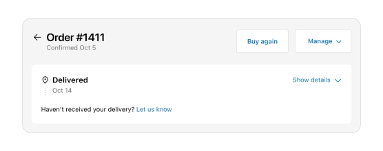 An example of how the Page component is used to structure the page title, description, order action buttons on the Order status page.
