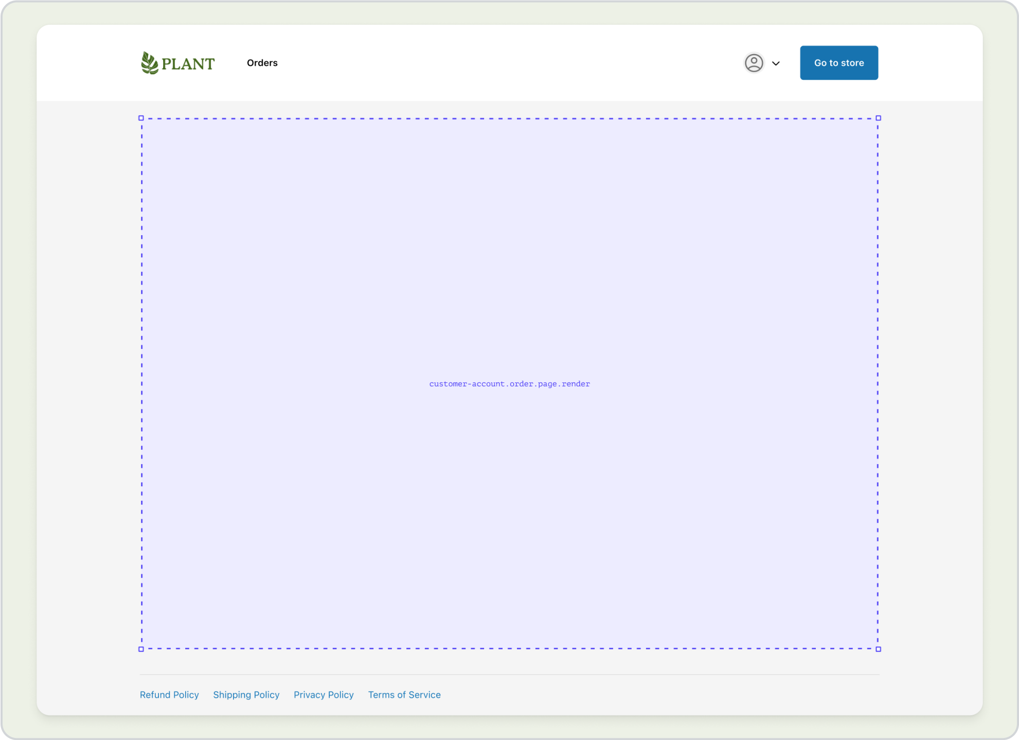 A desktop view of the customer-account.order.page.render full-page extension target that renders between the header and footer.